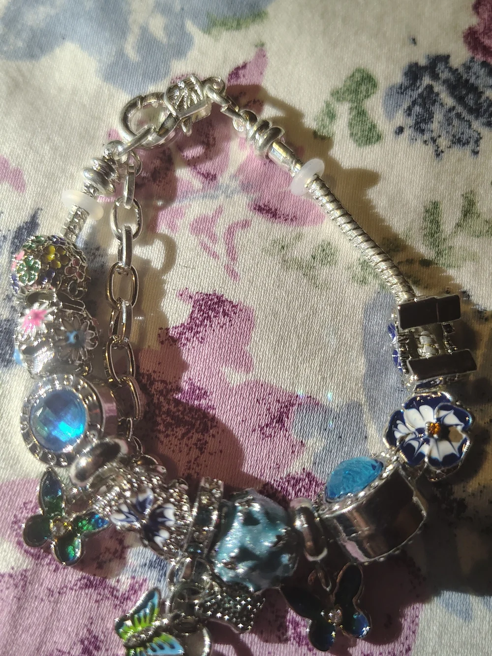Sterling Silver Blue Floral Charm Bracelet - Women Jewelry